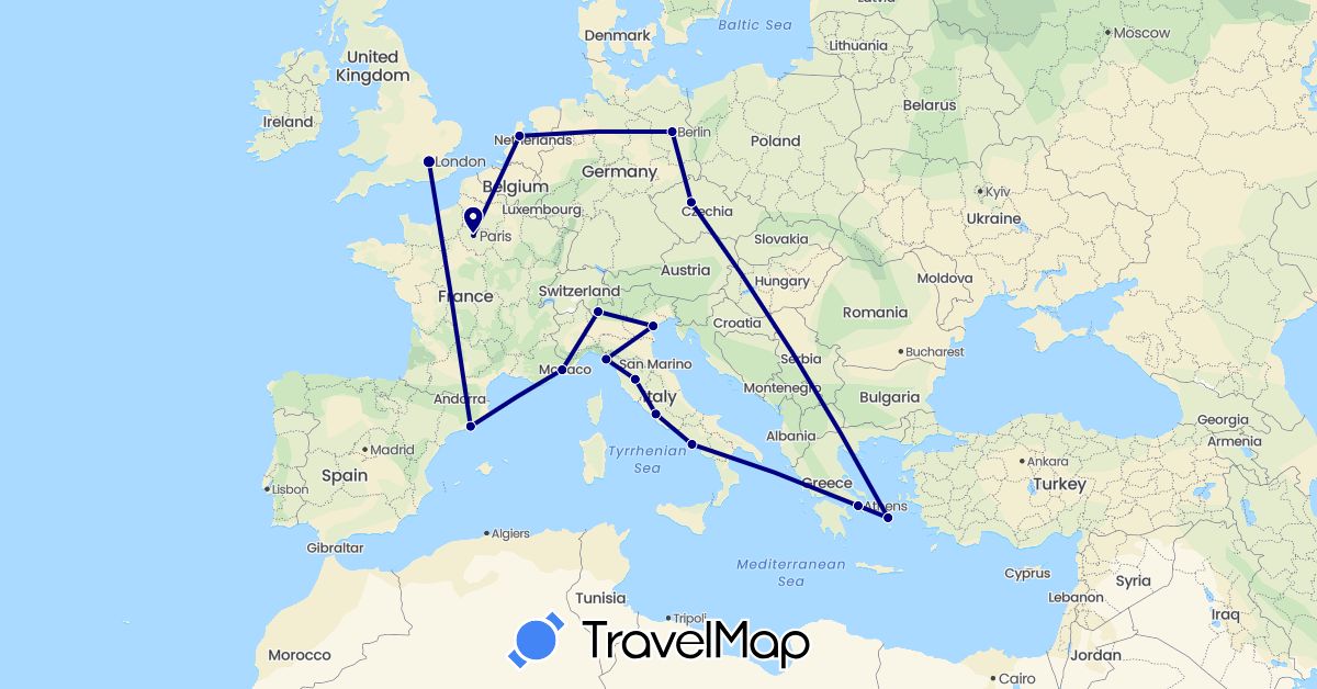 TravelMap itinerary: driving in Czech Republic, Germany, Spain, France, United Kingdom, Greece, Italy, Netherlands (Europe)